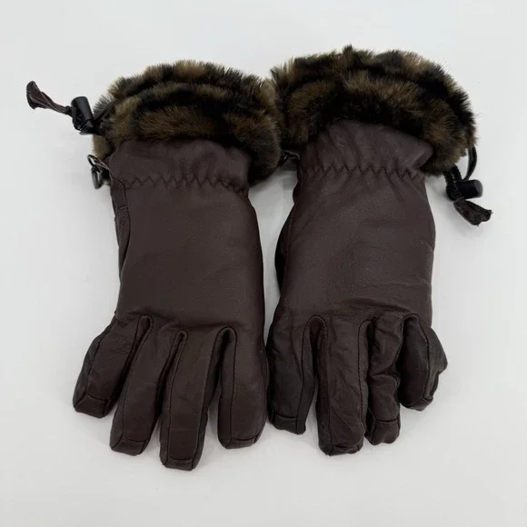 Swany Brown Genuine Leather Gloves With Faux Leopard Fur Trim Womens Size Medium - Picture 2 of 5